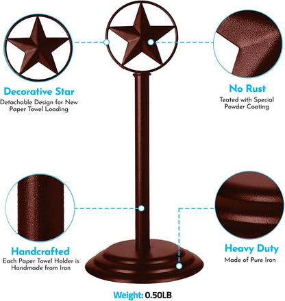 Brown Rustic Texas Star Paper Towel Holder, Napkin Holder, Salt and Pepper Shakers Holder, Country Farmhouse Iron Kitchen Counter Accessory Set Holders (Paper Towel Holder)