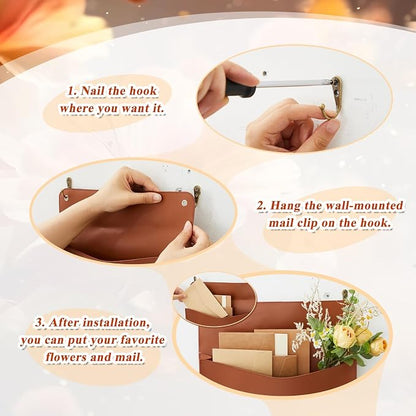 Marspark 2 Set PU Leather Mail Holder Wall Mount 12.2x10.24 Inch Leather Letter Holder 2 Ring Binder Hanging Wall File Organizer Mail Sorter for Decor Storage Letter Postcard Flower Home Office(Brown)