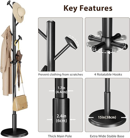 Solid Wood Coat Rack Freestanding Coat Tree with 10 Hooks for Bedroom, Livingroom, Entryway, Sturdy Coat Hanger Stand for Hats, Coats, Scarves, Handbags, Purses
