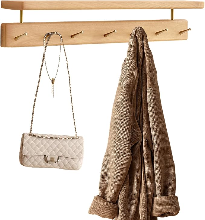 Solid Wood Wall Hooks with Shelf, Coat Rack Wall Mount, Entryway Hanging Shelf with 7 Brass Hooks for Hats, Clothes, Towels, Bags, Beech Wood, Natural