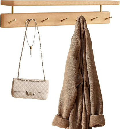 Solid Wood Wall Hooks with Shelf, Coat Rack Wall Mount, Entryway Hanging Shelf with 7 Brass Hooks for Hats, Clothes, Towels, Bags, Beech Wood, Natural