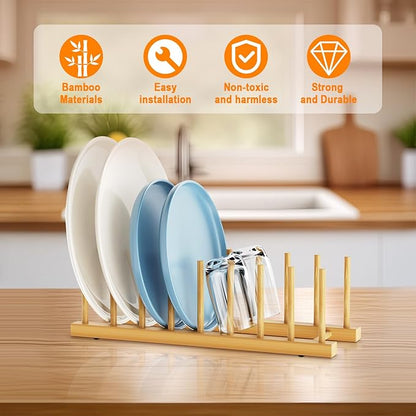 Bamboo Dish Drying Rack for Kitchen Organizer-Sturdy Plate Rack Organizer with Natural Bamboo, Dish Rack Holds Plates, Cups & Cutting Boards-Dish Drying Rack for Countertop & Cabinets（2 Pack）