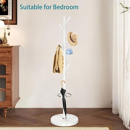 OIRUMIE Coat Rack with Natural Marble Base, Metal Coat Racks Freestanding, Modern Coat Rack Stand with 8 Hooks& Umbrella Holder, White Coat Clothes Tree Hats Hanger Stand for Entryway, Hallway