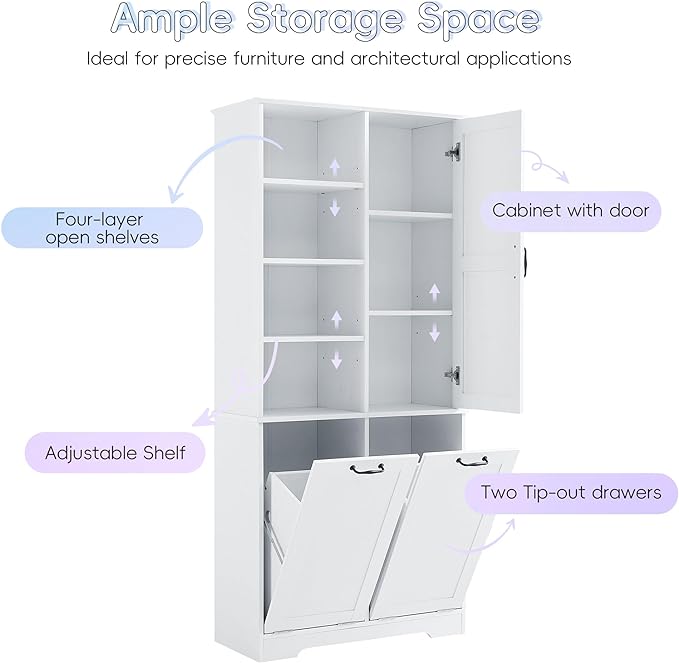 Merax Cabinet with Tilt-Out Laundry Hamper Basket, Tall Bathroom Storage Organizer Linen with Open Shelf for Home, Freestanding, White