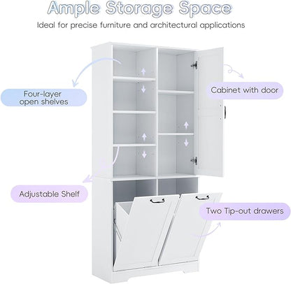 Merax Tall Storage Cabinet with Door and Open Shelf, Multi-Functional Laundry Hamper Basket for Home Bathroom, Laundry Room, White