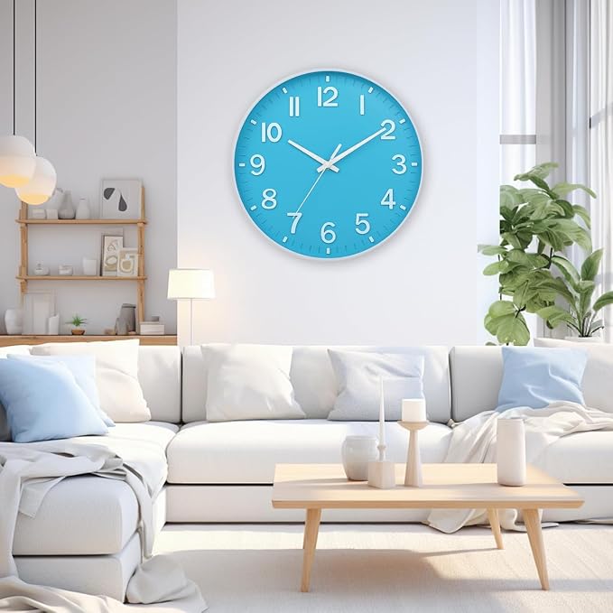 HZDHCLH Wall Clocks Battery Operated,Wall Clock Blue and White 10 inch Wall Clock Silent Non Ticking Modern 3D Numbers for Office Kitchen Classroom Bedroom Living Room Decor
