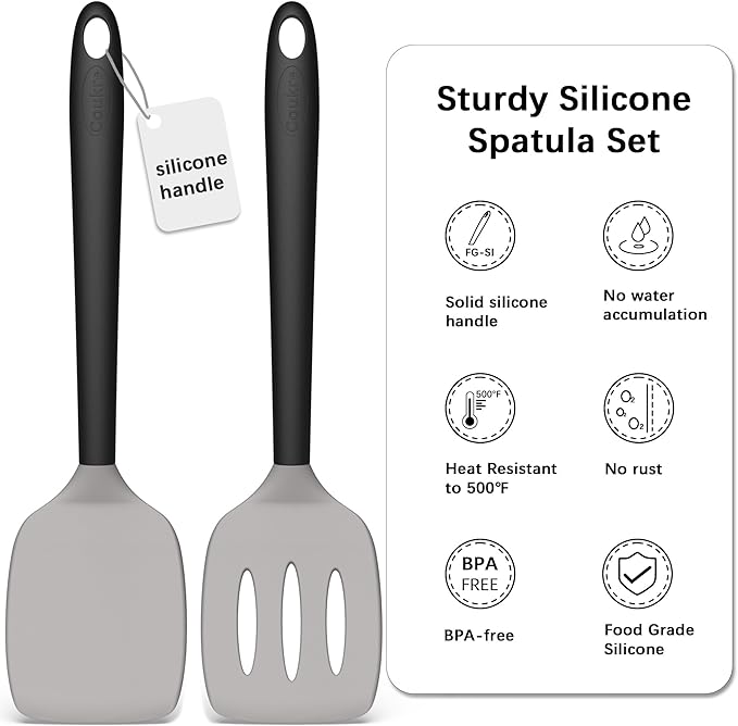 Coukre 2 Pack Silicone Spatula Set, High Heat Resistant, BPA Free Kitchen Spatula, Solid & Slotted Turner for Non-Stick Pans, Sautéing, and Flipping (2, GrayBlack)