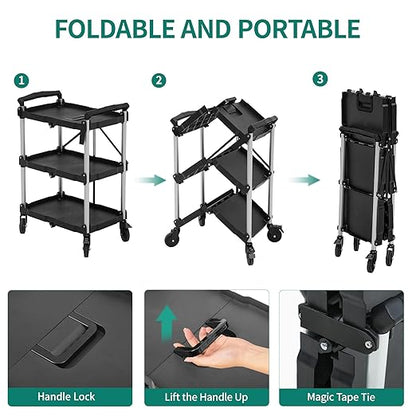 YITAHOME 3-Tier Folding Utility Cart with Wheels, Foldable Service Cart Collapsible Rolling Cart w/ 360° Swivel Wheels & Brake, 350lbs Load Capacity Portable Utility Cart for Kitchen, Warehouse