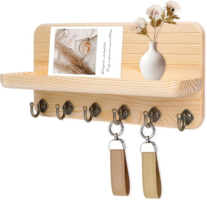 Key Holder for Wall, Mail Organizer Wall Mount with 6 Hooks Wooden Hanging Key Rack for Home Decor, Hallway, Entryway (Wood Color)