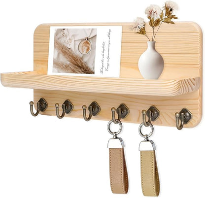 Key Holder for Wall, Mail Organizer Wall Mount with 6 Hooks Wooden Hanging Key Rack for Home Decor, Hallway, Entryway (Wood Color)