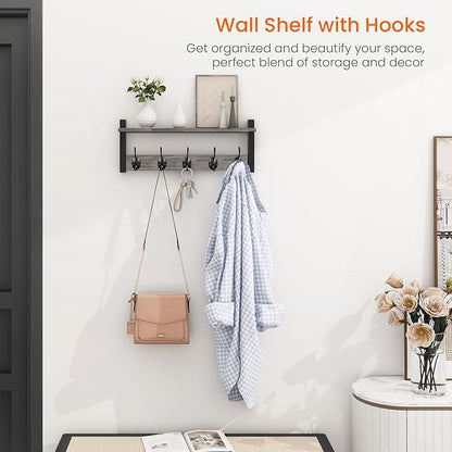Homode Wall Hooks with Shelf, Coat Rack Wall Mount, Entryway Shelf with Hooks for Clothes, Backpack, Key, Purse - Rustic Grey