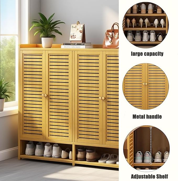 Bamboo Shoe Cabinet with Doors, 8-Tier Shoe Rack for Closet, 38-41 Pairs Freestanding Shoe Storage Cabinet for Hallway Living Room (Brown-03)