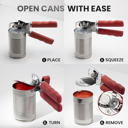 Zulay Kitchen Heavy Duty Stainless Steel Can Opener Manual with Bottle Opener - Rust Proof Manual Can Opener With Turn Knob & Comfy Soft Grip Handles - Red