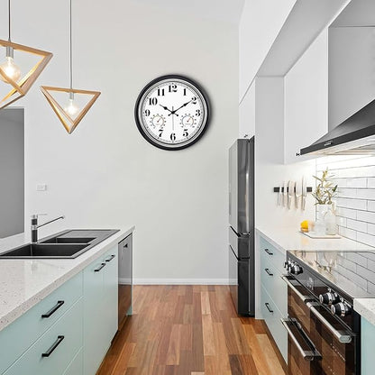 45MinST 16 Inch Silver Vintage Large Indoor/Outdoor Waterproof Wall Clock with Thermometer & Hygrometer, Silent Non-Ticking Quartz Timepiece for Home, Porch, Garden