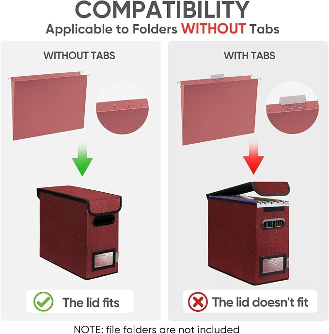 BALEINE File Organizer Box with Lid, Collapsible File Folder Organizer with Plastic Slide, Hanging File Folder Box for Office Document Storage (2 Pack, Red, S)