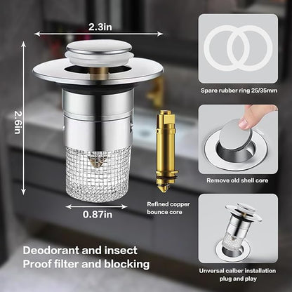 Bathroom Sink Drain Strainer, Pop Up Sink Drain Strainer with Removable Stainless Steel Filter Basket Hair Catcher, Universal Drain Plug for Bathroom Sink Stopper Replacement (2 pcs)