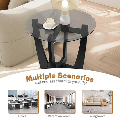 LKTART Glass End Table, 23.5" Round Side Tables with Black Tempered Glass Top Cross and Solid Wood Base Small Night Stand for Living Room Office Apartment Black