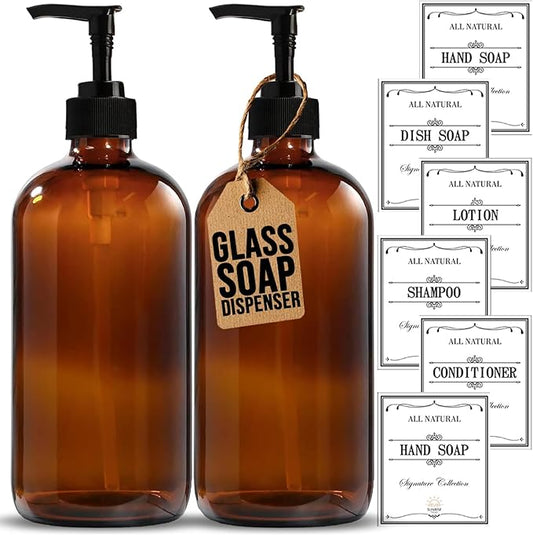 Sunrise Premium, 16 OZ Thick Amber Glass Soap Dispenser with Pump 2 Pack, Hand and Dish Soap Dispenser Set for Bathroom with 6 Waterproof Labels
