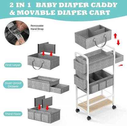 LIDTOP 2In1 Diaper Caddy & 4-Tier Rolling Diaper Cart, Diaper Caddy Organizer Cart with Dividers & Drawer, Mobile Metal Bedside Cart for Baby Nursery Essentials Storage, Large Capacity, White