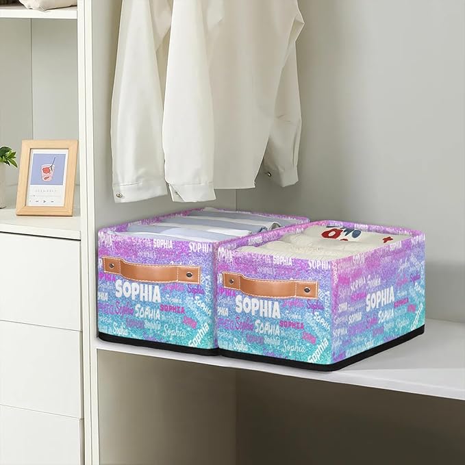 Personalized Small Kids Toys Box with Name, Custom Nursery Baskets, Women Makeup Organization Custom Storage Toilet Paper Organizer, Gradient Violet Pink Blue Glitters