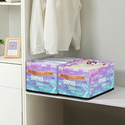 Personalized Small Kids Toys Box with Name, Custom Nursery Baskets, Women Makeup Organization Custom Storage Toilet Paper Organizer, Gradient Violet Pink Blue Glitters