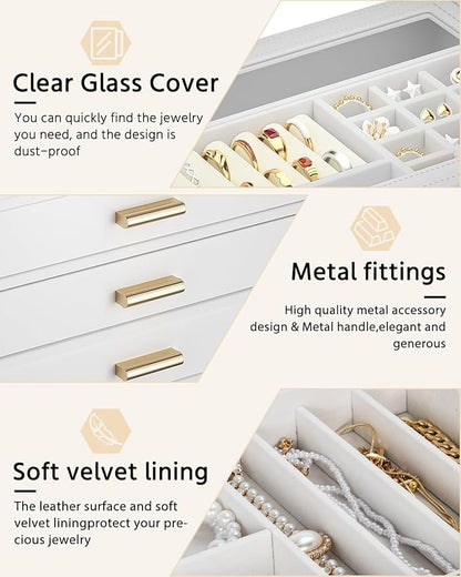AKOZLIN Jewelry Box with Clear Lid Functional Leather Jewelry Storage Organizer Case 3 Drawers for Women Girls Necklace Ring Bracelet Earring