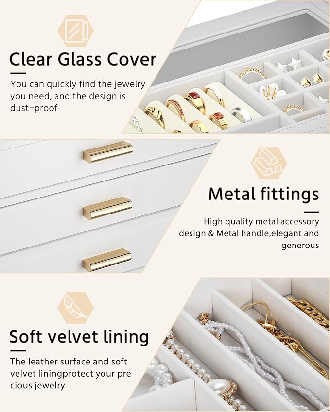 AKOZLIN Jewelry Box with Clear Lid Functional Leather Jewelry Storage Organizer Case 4 Drawers for Women Girls Necklace Ring Bracelet Earring