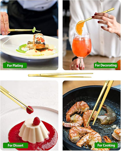 4 Pcs Fine Long Tweezer Tongs Professional Gold, 12'' and 10'' Stainless Steel for Kitchen, Food, Cooking, Repairing, Sea food and BBQ