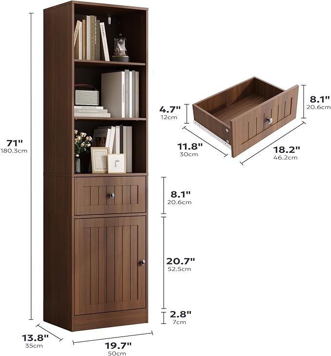 Farmhouse 71" Tall Bookshelf with Drawer, Narrow Bookcase with Adjustable Left/Right Door, Adjustable Shelf, Freestanding Display Book Shelf for Bedroom,Living Room, Office, Walnut