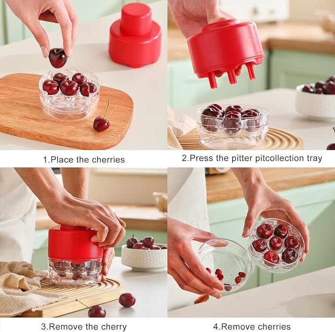 Upgraded Cherry Pitter Tool Pit Remover, 7-in-1 Portable Cherry Core Remover, Quick Release Multi Cherry Pitter Tool for Kitchen, Cake Shop, Fruit Salad (Bright - Red)