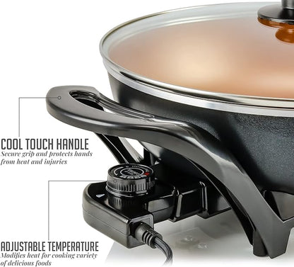 OVENTE Electric Wok with Nonstick Coating, 13 Inch Family-Sized Skillet, 1400W Power, Adjustable Temperature, Tempered Glass Lid, Cool Touch Handles and Easy to Clean Frying Surface, Copper SK3113CO