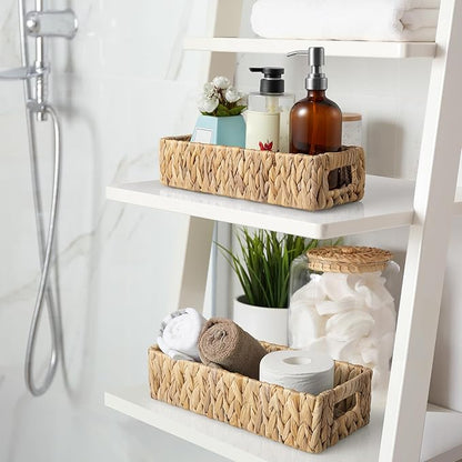 dreamkey Nesting Wicker Storage Baskets for Organizing with Handles - Small HandWoven Water Hyacinth Toilet Paper Basket for Back of Toilet Tank Top - Storage Baskets for Coutertop Organizer, 2 Pack