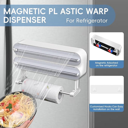 Magnetic Plastic Wrap Dispenser with Cutter,3 in 1 Aluminum Foil and Plastic wrap Organizer with Paper,Wall Mount Kitchen Wrap Dispenser - Fits 12" Roll, White (Wooden)