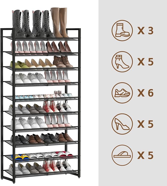 Shoe Rack, 10-Tier Metal Shoe Organizer, Tall Shoe Rack for Closet,entryway,Garage, with Adjustable Flat or Angled Shelves, 42-50 Pairs,Shoes that can accommodate The Whole Family.