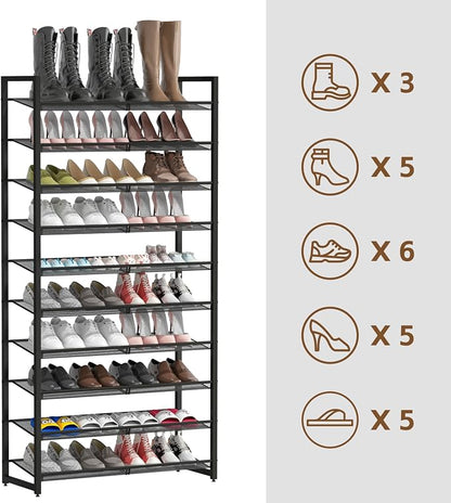 Shoe Rack, 10-Tier Metal Shoe Organizer, Tall Shoe Rack for Closet,entryway,Garage, with Adjustable Flat or Angled Shelves, 42-50 Pairs,Shoes that can accommodate The Whole Family.