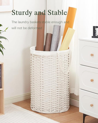 34.3 Gal (130 L) Large Laundry Hamper Laundry Basket Round Handwoven Wicker Laundry Baskets Rattan Laundry Basket with Removable Bag Handles 2 Mesh Bags for Living Room Bedroom White (No Lid)