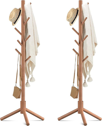 Haddockway Wooden Coat Rack Stand with 8 Hooks New Zealand Pine 3 Adjustable Coat Standing Tree Easy Assembly for Coats, Hats, Scarves and Handbags for Entryway, Hallway, Bedroom, Office,2 PCS