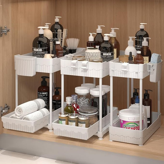 Sevenblue 3 Pack Under Sink Organizers,2-Tier Multi-Use Kitchen and Bathroom Organizers and Storage with Sliding Drawers,Bathroom Cabinet Organizer (White, 12.8 Inch)