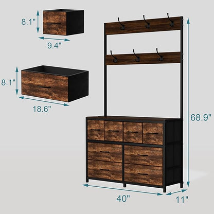 Wardrobe Closet with 8 Drawers, 69" H Freestanding Clothing Rack, Large Capacity Storage Organizer with 6 Double Hooks for Bedroom Dorm Room Apartment (Rustic Brown)