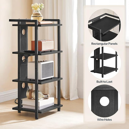 HOOBRO Game Console Shelf, 4-Tier Video Gaming Consoles Stand with Outlet & RGB Light, Audio Rack Tower for Turntable, Stereo Equipment, Wooden Entertainment Storage Stand, Black BB38UDCJ01