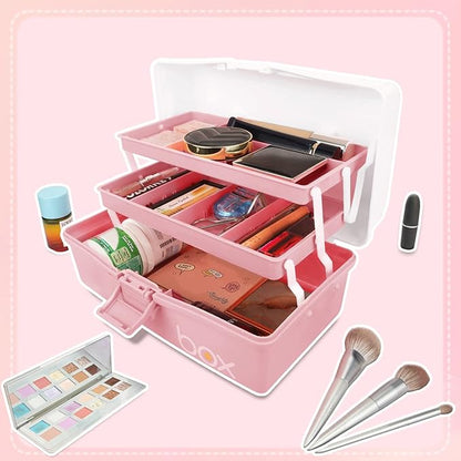 TERGOO 12in 3-Layer Plastic Craft Organizers and Storage, Portable Folding Tackle Box with Handle & Adjustable Dividers, Multipurpose Case for Sewing, Art Supplies, Medicine, Tools (White Pink)