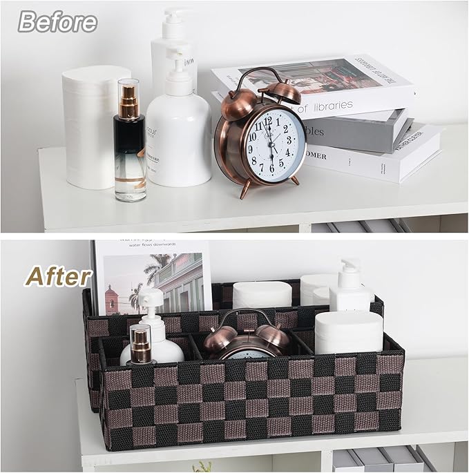 2-Pack Checker Pattern Woven Bins, 16” Ribbon Metal Wire Desk Organizer, Drawer Dresser Baskets, Countertop Toilet Paper Storage Containers (Black & Brown)