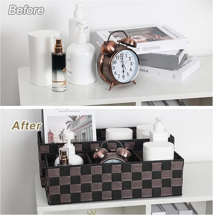 2-Pack Checker Pattern Woven Bins, 16” Ribbon Metal Wire Desk Organizer, Drawer Dresser Baskets, Countertop Toilet Paper Storage Containers (Black & Brown)