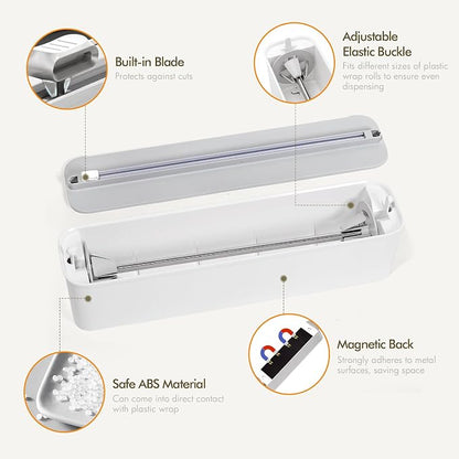 Aluminum Foil & Plastic Wrap Dispenser with Cutter - Magnetic & No-Drill Wall Mount, Cling Film Dispenser for Countertops & Cabinets, Space-Saving Kitchen Organizer - Fits 150 m Rolls, White