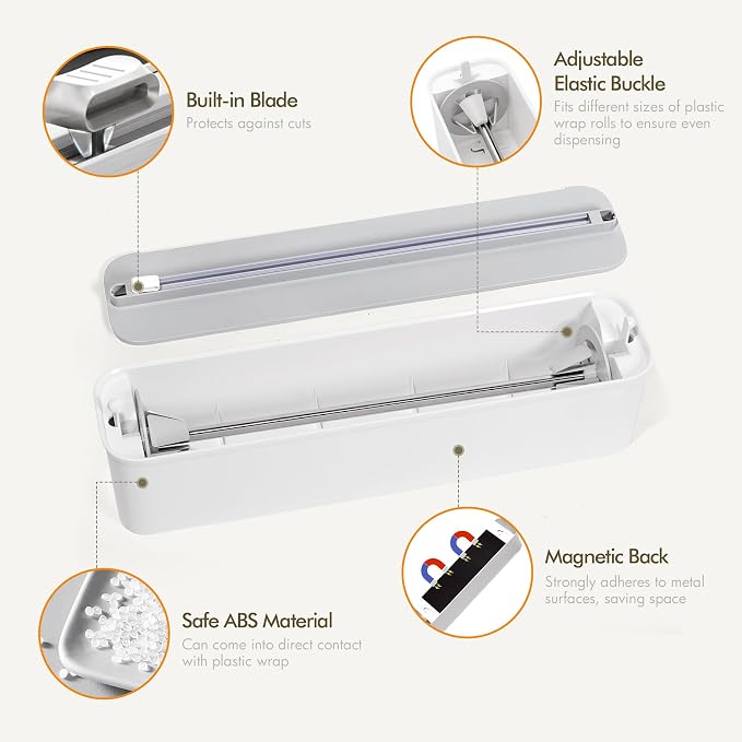 Aluminum Foil & Plastic Wrap Dispenser with Cutter - Magnetic & No-Drill Wall Mount, Cling Film Dispenser for Countertops & Cabinets, Space-Saving Kitchen Organizer - Fits 300 m Rolls, White