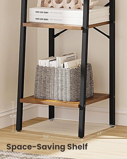 Ladder Shelf, Bookshelf Bookcase, Freestanding Corner Storage Shelve with 2 Hooks for Home Office, Living Room, Kitchen, Bedroom, Industrial, 11.8"D x 13.4"W x 47.2"H, Rustic Brown BC13201B