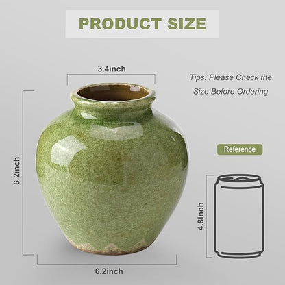 Ceramic Flower Vase Home Decor, 6.2 inch Farmhouse Rustic Vintage Decorative Vases, Pottery Terracotta Boho Flowers Vases for Dining Table, Living Room, Shelf, Kitchen, Bedroom (6.2"-Green)