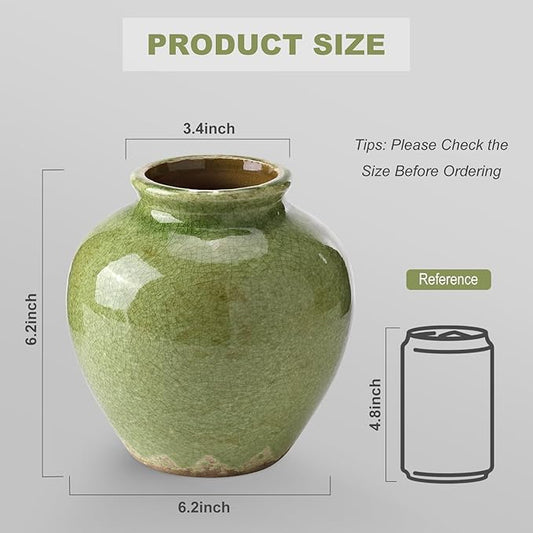 Ceramic Flower Vase Home Decor, 6.2 inch Farmhouse Rustic Vintage Decorative Vases, Pottery Terracotta Boho Flowers Vases for Dining Table, Living Room, Shelf, Kitchen, Bedroom (6.2"-Green)