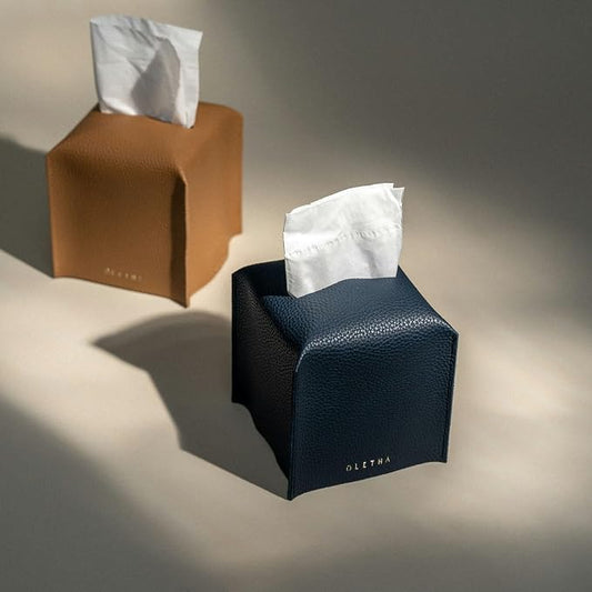 OLETHA Square Tissue Box Cover - Aesthetic Desk Decor for Room, Home & Office - Tissues Cube Boxes Holder - Navy Blue, Set of 2