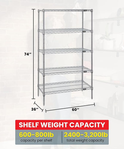 Quantum Storage Systems WR74-3660S-5 Wire Shelving Starter Kit, 60" W x 36" D x 74" H, 600 lbs Capacity, Stainless, Stainless, NSF